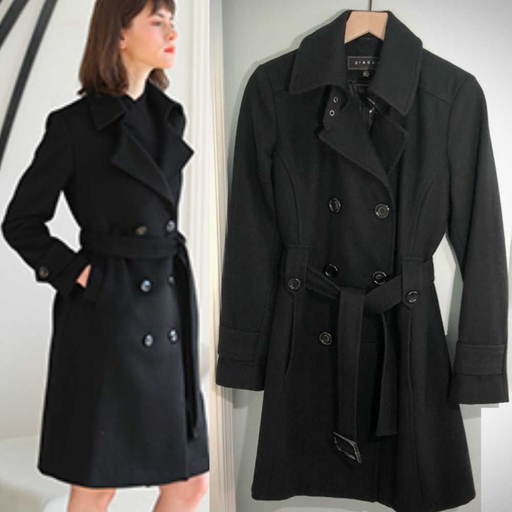 Fabulous Y2K Black Double Breasted Black Wool Belted Trench Sz S